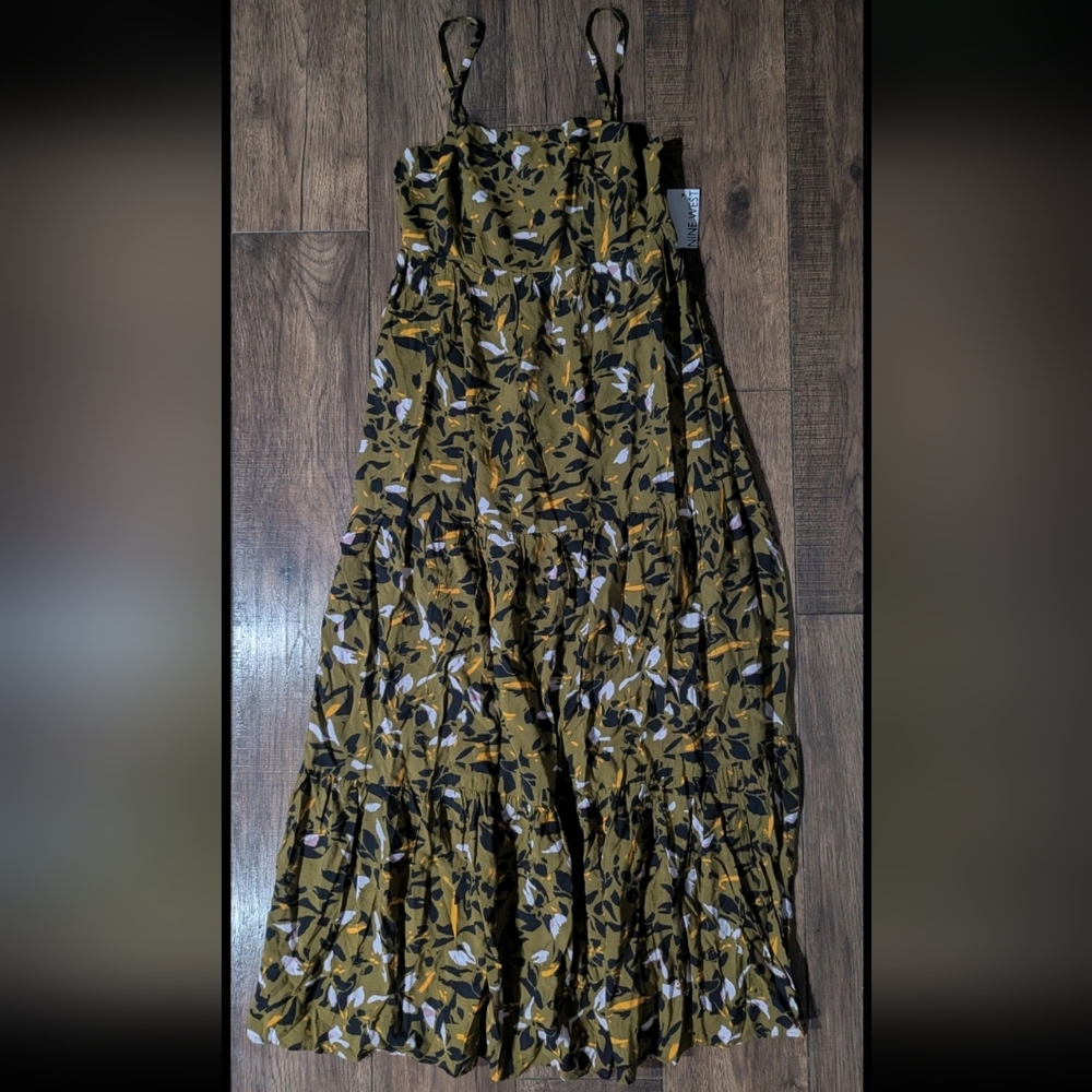 Nine West Women's Mossy Green Floral Print Strappy Maxi Tiered Dress Size M NWT